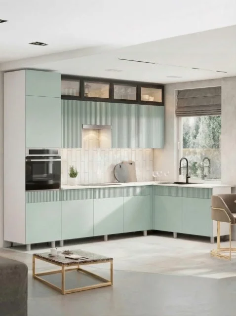 Угловая кухня София Амелия МДФ/ЛДСП 3,0х1,8м белый / ментол со столешницей